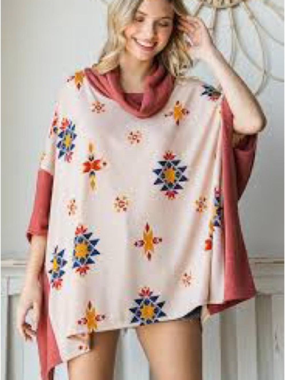 JADE by Jane AZTEC PRINT COWL NECK OVERSIZED PONCHO - One Size